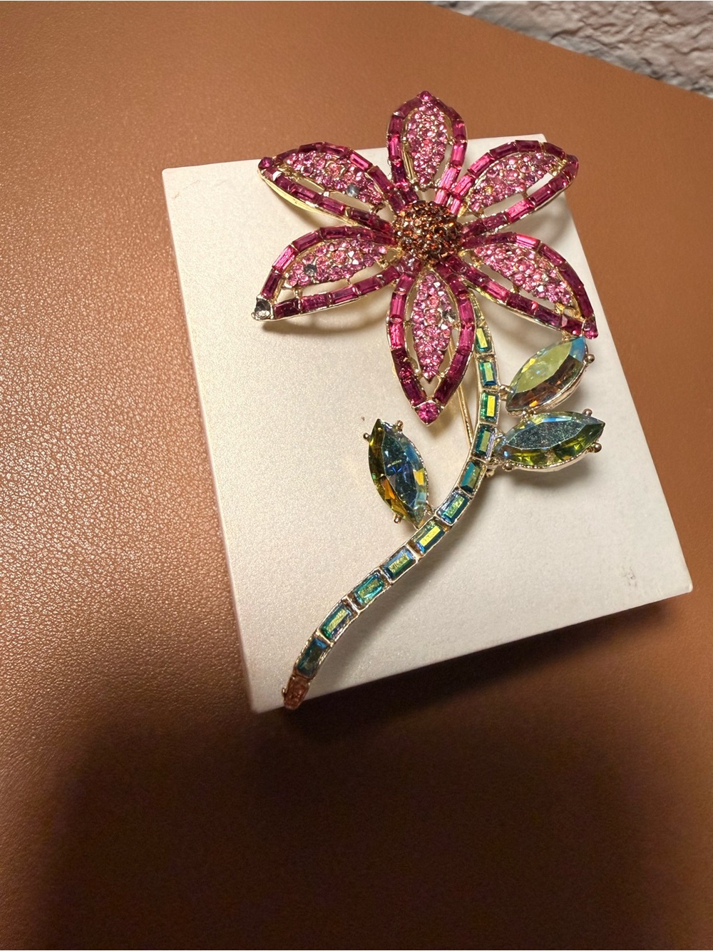 Pink Crystal Floral Brooch with Iridescent Stem - Women's Jewelry